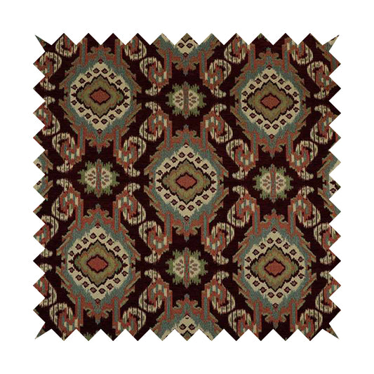 Mazahua Tribal Theme Damask Intricate Pattern Burgundy Coloured Chenille Fabric JO-1456