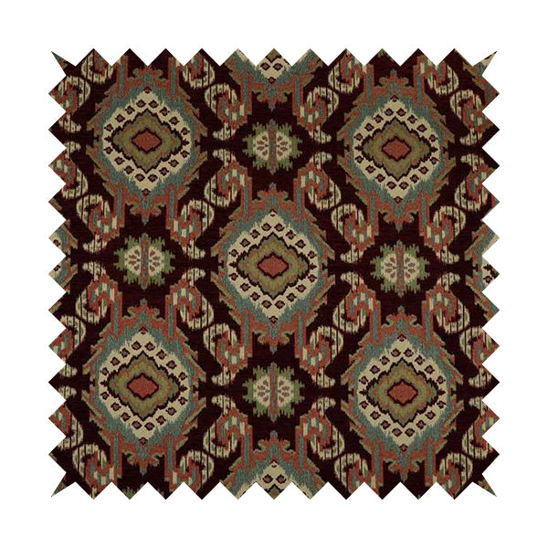 Mazahua Tribal Theme Damask Intricate Pattern Burgundy Coloured Chenille Fabric JO-1456 - Made To Measure Curtains