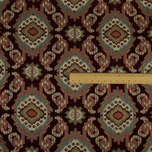 Mazahua Tribal Theme Damask Intricate Pattern Burgundy Coloured Chenille Fabric JO-1456 - Made To Measure Curtains