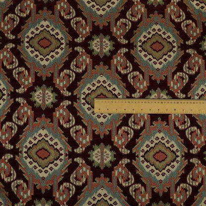 Mazahua Tribal Theme Damask Intricate Pattern Burgundy Coloured Chenille Fabric JO-1456 - Made To Measure Curtains