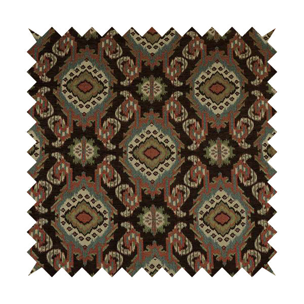 Mazahua Tribal Theme Damask Intricate Pattern Brown Coloured Chenille Fabric JO-1459 - Made To Measure Curtains