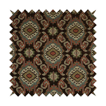 Mazahua Tribal Theme Damask Intricate Pattern Brown Coloured Chenille Fabric JO-1459 - Made To Measure Curtains