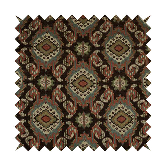 Mazahua Tribal Theme Damask Intricate Pattern Brown Coloured Chenille Fabric JO-1459