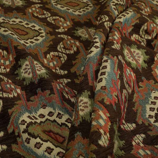 Mazahua Tribal Theme Damask Intricate Pattern Brown Coloured Chenille Fabric JO-1459 - Made To Measure Curtains