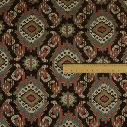 Mazahua Tribal Theme Damask Intricate Pattern Brown Coloured Chenille Fabric JO-1459