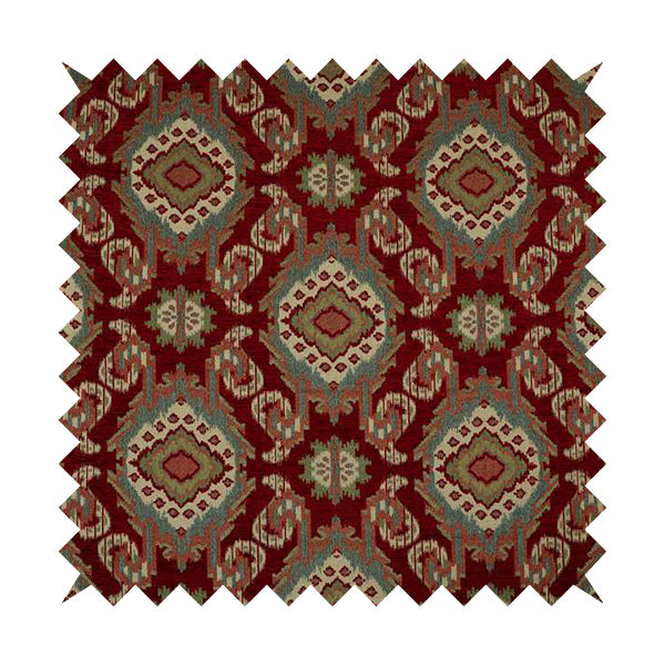 Mazahua Tribal Theme Damask Intricate Pattern Red Coloured Chenille Fabric JO-1460 - Made To Measure Curtains