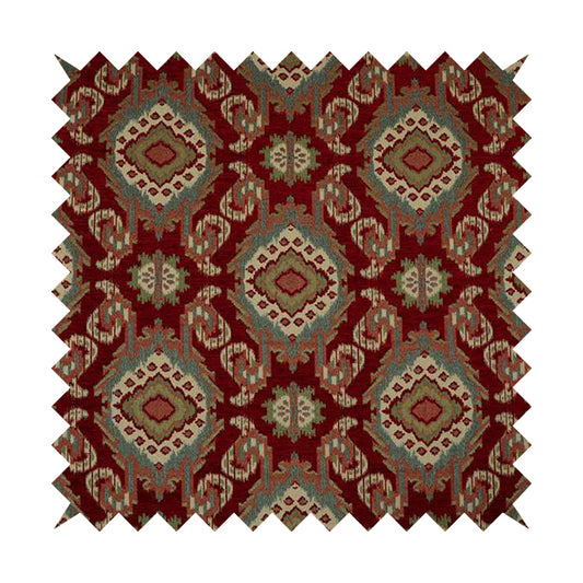 Mazahua Tribal Theme Damask Intricate Pattern Red Coloured Chenille Fabric JO-1460