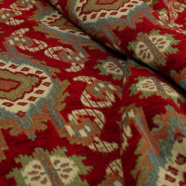 Mazahua Tribal Theme Damask Intricate Pattern Red Coloured Chenille Fabric JO-1460 - Made To Measure Curtains