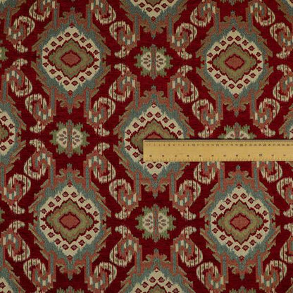 Mazahua Tribal Theme Damask Intricate Pattern Red Coloured Chenille Fabric JO-1460 - Made To Measure Curtains