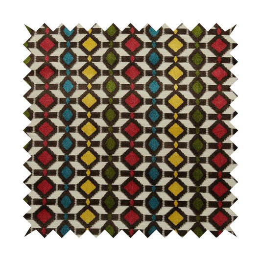 Ziani Designer Geometric Pattern In Vibrant Yellow Blue Brown Pink Green Colour Velvet Fabric JO-148