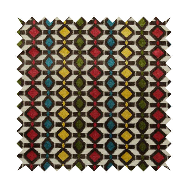 Ziani Designer Geometric Pattern In Vibrant Yellow Blue Brown Pink Green Colour Velvet Fabric JO-148 - Made To Measure Curtains