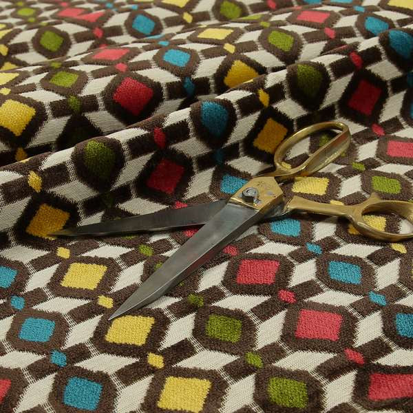 Ziani Designer Geometric Pattern In Vibrant Yellow Blue Brown Pink Green Colour Velvet Fabric JO-148 - Roman Blinds