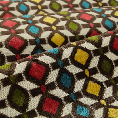 Ziani Designer Geometric Pattern In Vibrant Yellow Blue Brown Pink Green Colour Velvet Fabric JO-148 - Made To Measure Curtains