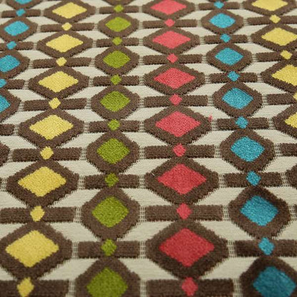 Ziani Designer Geometric Pattern In Vibrant Yellow Blue Brown Pink Green Colour Velvet Fabric JO-148