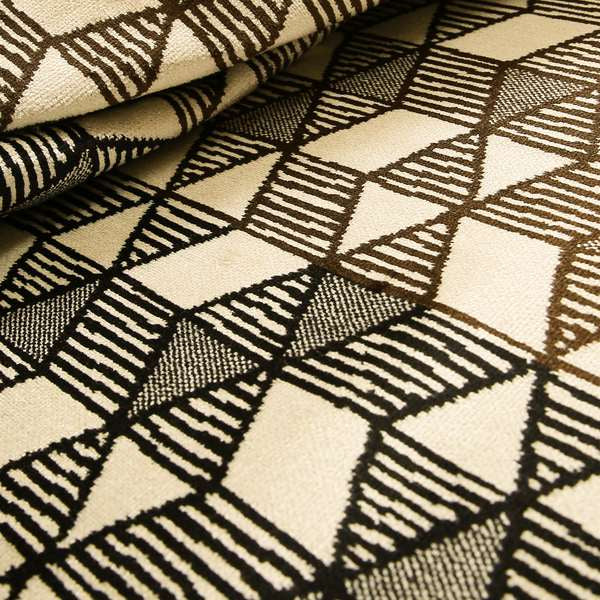 Geometric Triangles Cream Brown Black Colour Velvet Upholstery Fabric JO-15 - Made To Measure Curtains