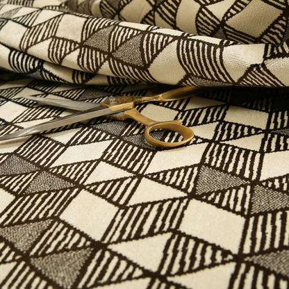 Geometric Triangles Cream Brown Black Colour Velvet Upholstery Fabric JO-15 - Made To Measure Curtains