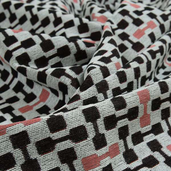 Fantasque White Black Pink Coloured Geometric Pattern Chenille Fabric Upholstery Furnishing Material JO-151 - Roman Blinds