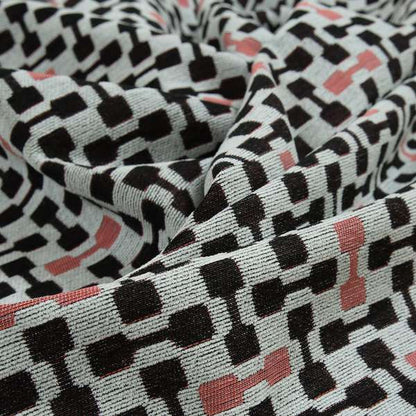 Fantasque White Black Pink Coloured Geometric Pattern Chenille Fabric Upholstery Furnishing Material JO-151 - Made To Measure Curtains