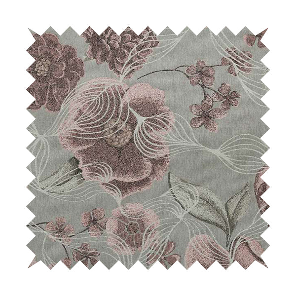 Anna Rose Grey Pink Coloured Floral Inspired Soft Chenille Fabric Material JO-157 - Made To Measure Curtains