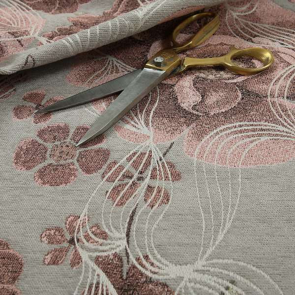 Anna Rose Grey Pink Coloured Floral Inspired Soft Chenille Fabric Material JO-157 - Made To Measure Curtains