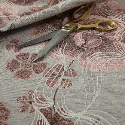 Anna Rose Grey Pink Coloured Floral Inspired Soft Chenille Fabric Material JO-157