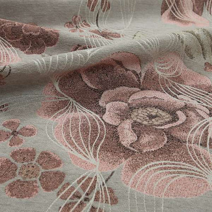 Anna Rose Grey Pink Coloured Floral Inspired Soft Chenille Fabric Material JO-157 - Made To Measure Curtains