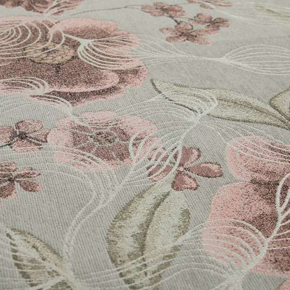 Anna Rose Grey Pink Coloured Floral Inspired Soft Chenille Fabric Material JO-157 - Made To Measure Curtains