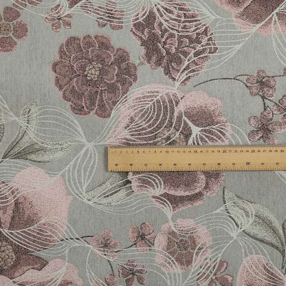 Anna Rose Grey Pink Coloured Floral Inspired Soft Chenille Fabric Material JO-157