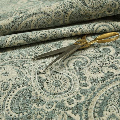 Blue Beige Paisley Pattern Chenille Fabric JO-158 - Roman Blinds