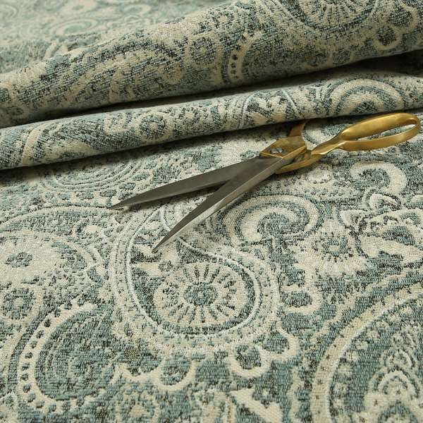 Blue Beige Paisley Pattern Chenille Fabric JO-158 - Made To Measure Curtains