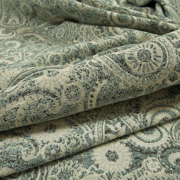 Blue Beige Paisley Pattern Chenille Fabric JO-158 - Made To Measure Curtains