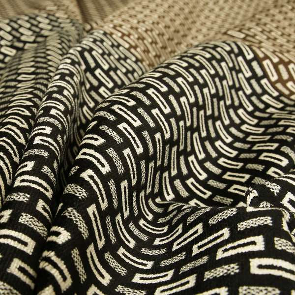 Geometric Blocks Pattern Cream Brown Black Colour Velvet Upholstery Fabric JO-16 - Made To Measure Curtains