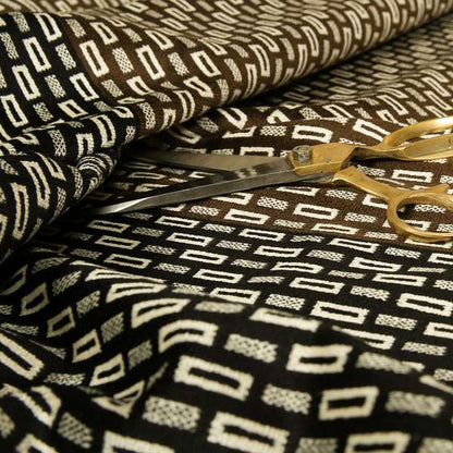 Geometric Blocks Pattern Cream Brown Black Colour Velvet Upholstery Fabric JO-16 - Made To Measure Curtains