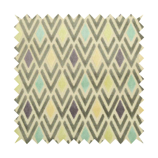 Ziani Cut Velvet Fabric In Geometric Diamond Pattern Winter Yellow Teal Purple Grey Colour JO-165