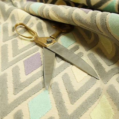 Ziani Cut Velvet Fabric In Geometric Diamond Pattern Winter Yellow Teal Purple Grey Colour JO-165 - Roman Blinds