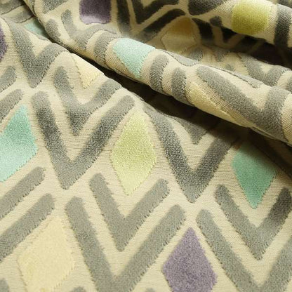 Ziani Cut Velvet Fabric In Geometric Diamond Pattern Winter Yellow Teal Purple Grey Colour JO-165 - Made To Measure Curtains