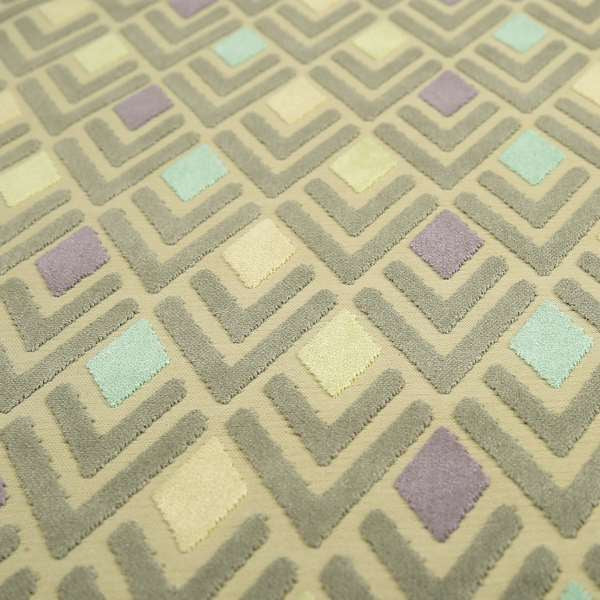 Ziani Cut Velvet Fabric In Geometric Diamond Pattern Winter Yellow Teal Purple Grey Colour JO-165 - Roman Blinds