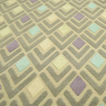 Ziani Cut Velvet Fabric In Geometric Diamond Pattern Winter Yellow Teal Purple Grey Colour JO-165 - Made To Measure Curtains