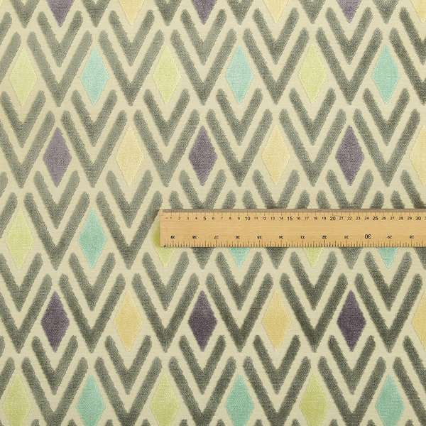 Ziani Cut Velvet Fabric In Geometric Diamond Pattern Winter Yellow Teal Purple Grey Colour JO-165 - Roman Blinds