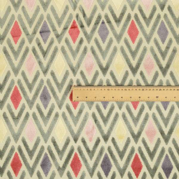 Ziani Cut Velvet Fabric In Geometric Diamond Pattern Spring Red Purple Pink Grey Colour JO-166 - Roman Blinds