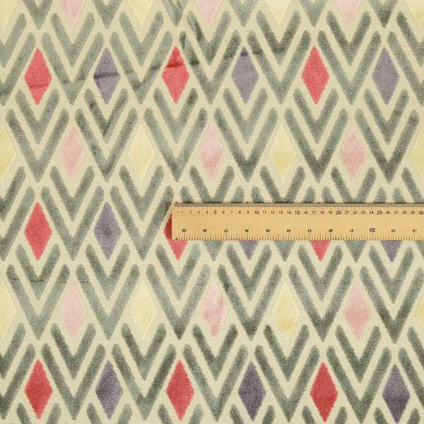 Ziani Cut Velvet Fabric In Geometric Diamond Pattern Spring Red Purple Pink Grey Colour JO-166