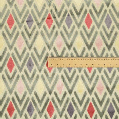 Ziani Cut Velvet Fabric In Geometric Diamond Pattern Spring Red Purple Pink Grey Colour JO-166 - Made To Measure Curtains