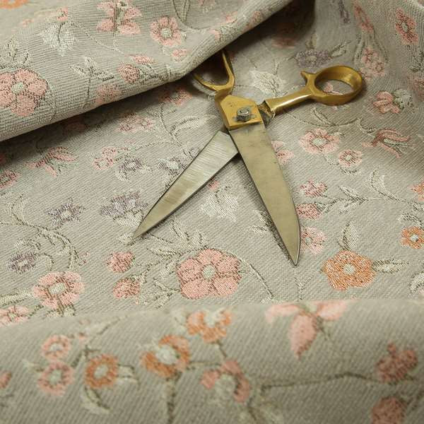 Anna Rose Grey Pink Coloured Small Floral Leaf Soft Chenille Fabric Material JO-168 - Made To Measure Curtains