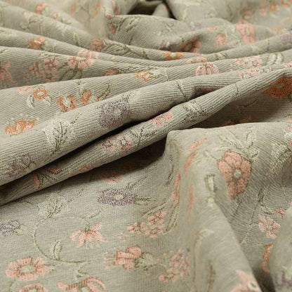 Anna Rose Grey Pink Coloured Small Floral Leaf Soft Chenille Fabric Material JO-168 - Made To Measure Curtains