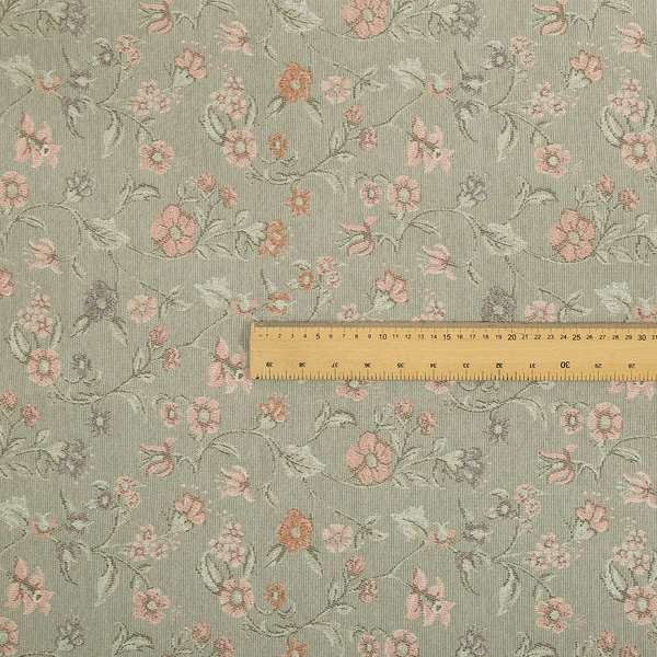 Anna Rose Grey Pink Coloured Small Floral Leaf Soft Chenille Fabric Material JO-168 - Made To Measure Curtains