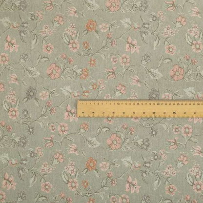 Anna Rose Grey Pink Coloured Small Floral Leaf Soft Chenille Fabric Material JO-168 - Made To Measure Curtains