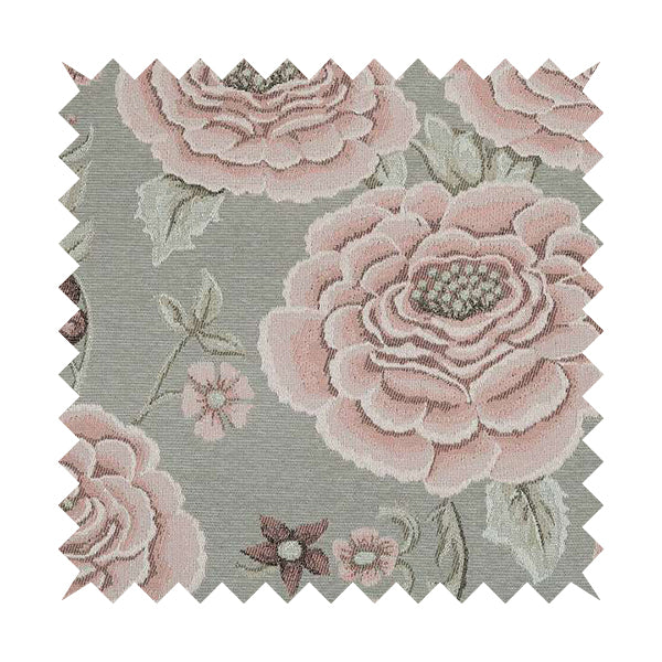 Anna Rose Grey Pink Colour Large Floral Leaf Soft Chenille Fabric JO-169 - Made To Measure Curtains