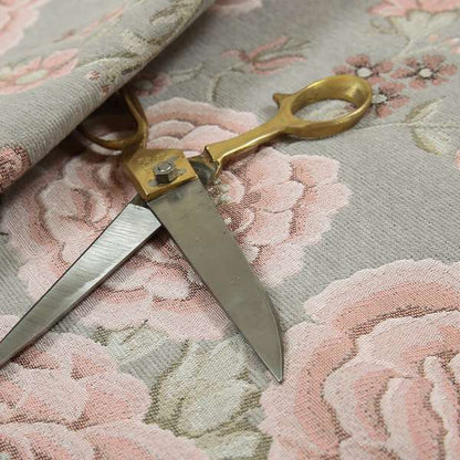 Anna Rose Grey Pink Colour Large Floral Leaf Soft Chenille Fabric JO-169 - Roman Blinds