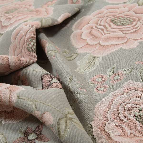 Anna Rose Grey Pink Colour Large Floral Leaf Soft Chenille Fabric JO-169 - Roman Blinds