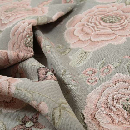 Anna Rose Grey Pink Colour Large Floral Leaf Soft Chenille Fabric JO-169 - Made To Measure Curtains